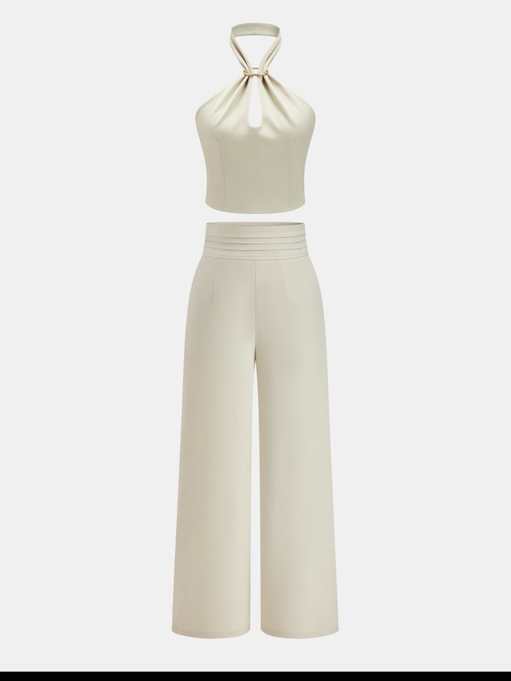 Commense Cream Halter Crop Top with High-Waist Wide-Leg Pants